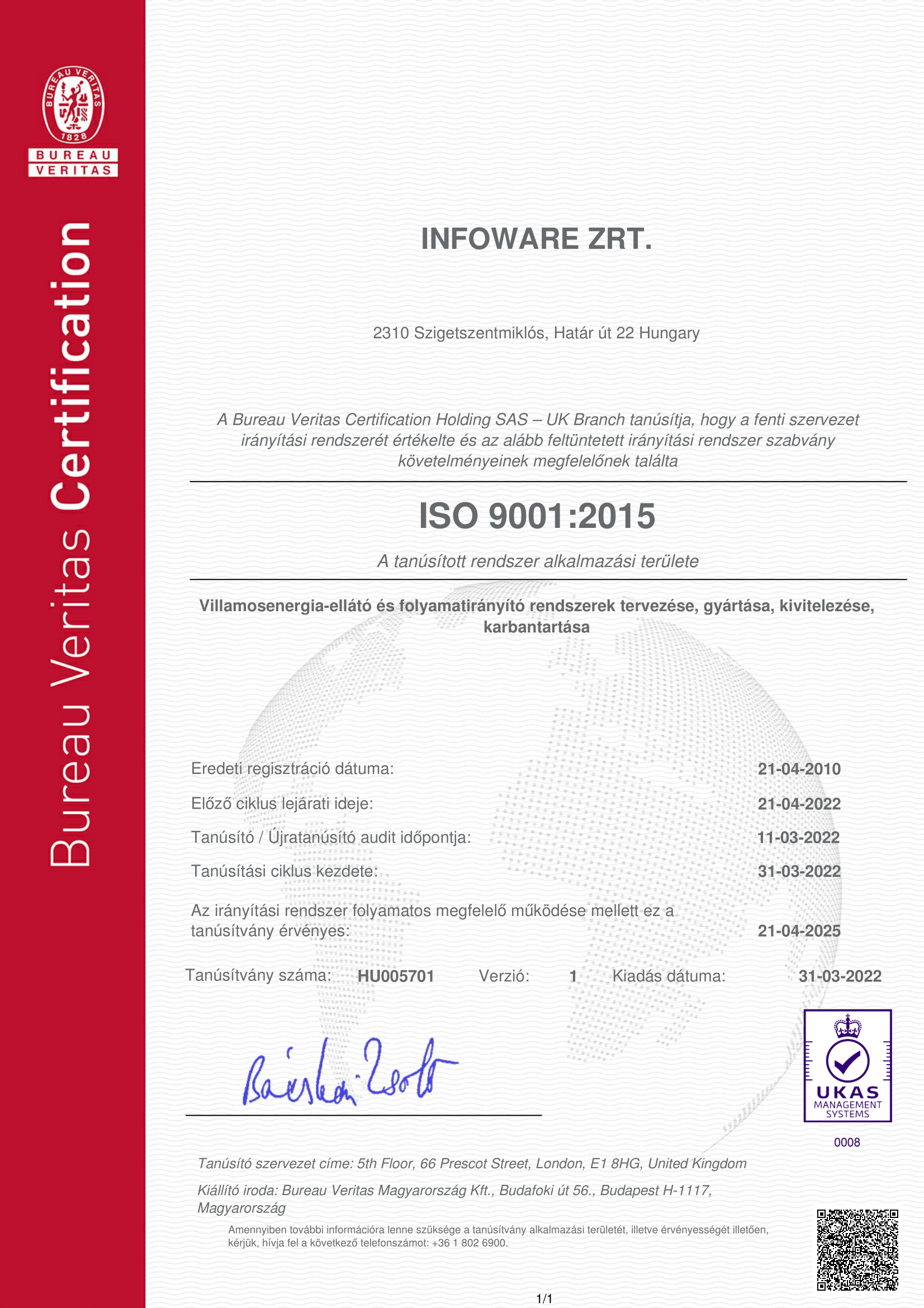 Az Infoware Zrt. ISO 9001:2015 szabvány szerinti tanúsítványa