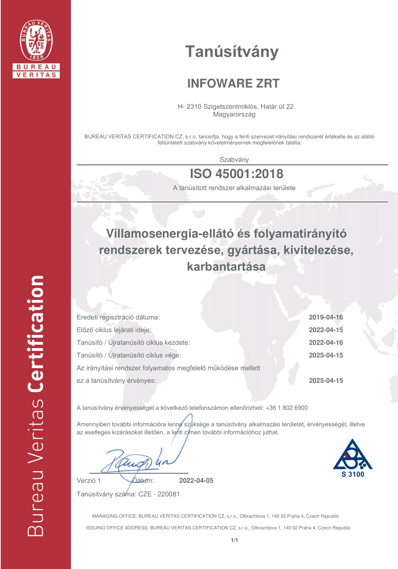 Az Infoware Zrt. ISO 45001:2018 szabvány szerinti tanúsítványa